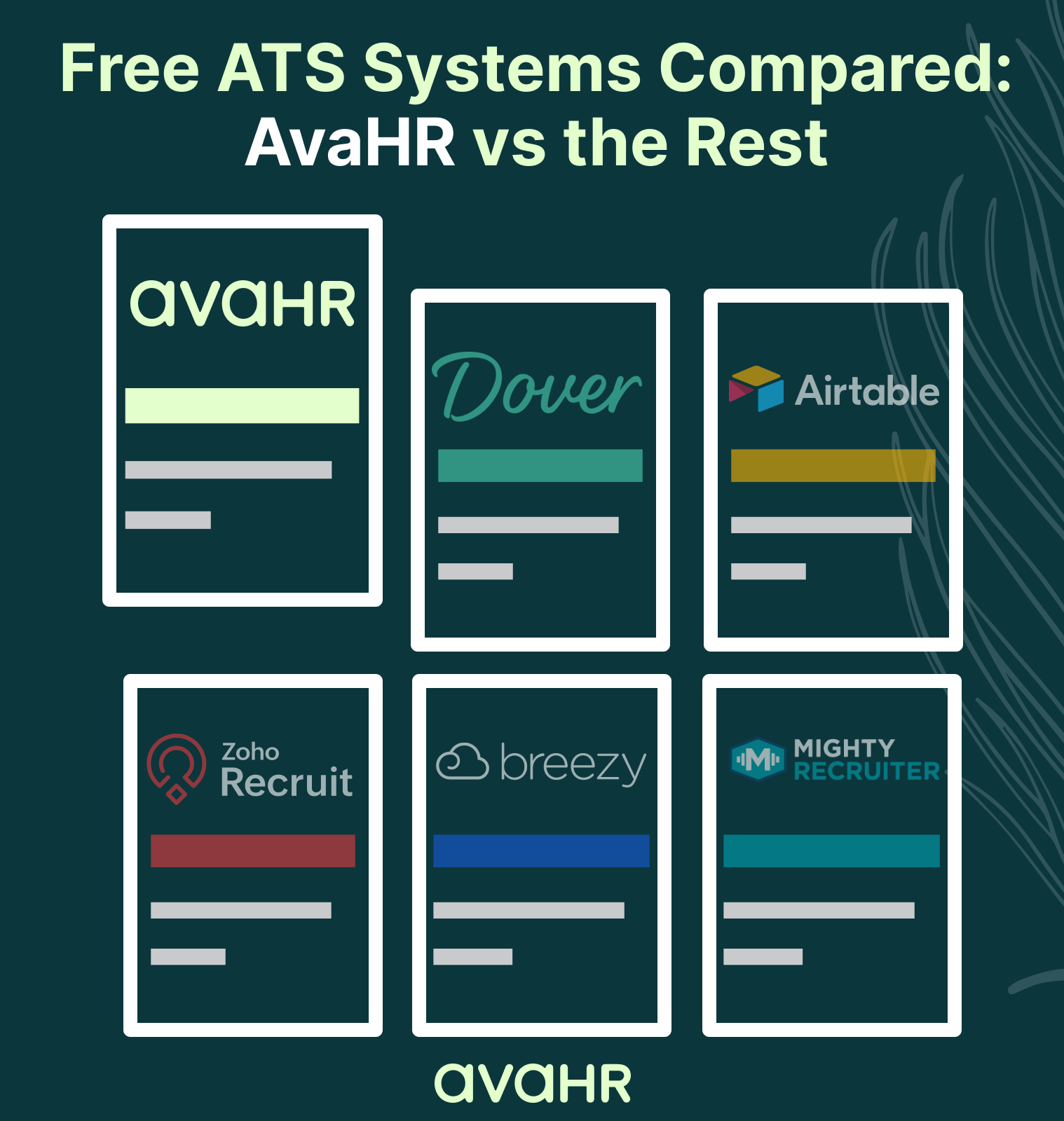 Free ATS systems compared graphic showing AvaHR, Dover, Airtable, Zoho Recruit, Breezy HR, and MightyRecruiter, highlighting AvaHR as the leading alternative with a free trial.