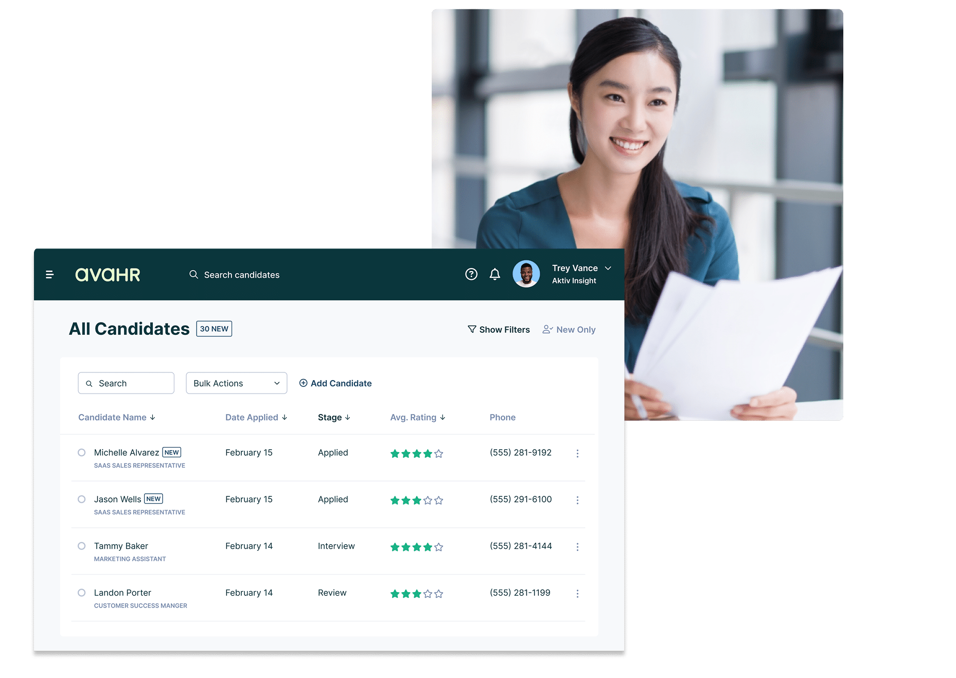Avahr Applicant Tracking System Dashboard Showing Candidate Pipeline With Ratings Interview Stages And Recruiter Reviewing Resumes