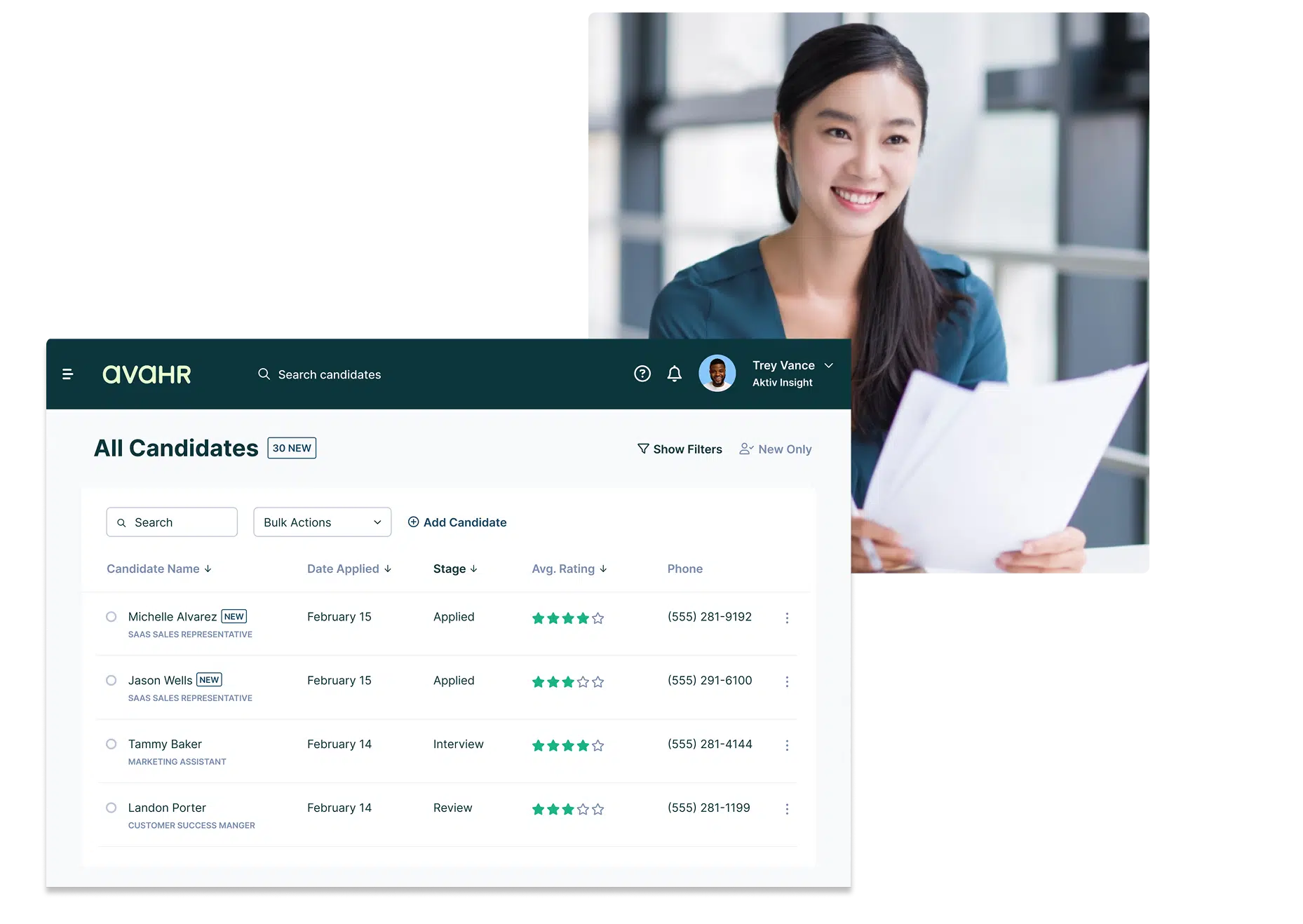 Avahr Applicant Tracking System Dashboard Showing Candidate Pipeline With Ratings Interview Stages And Recruiter Reviewing Resumes
