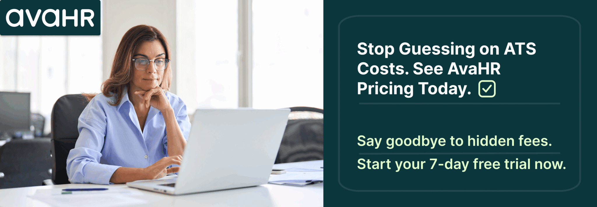 HR manager reviewing ATS options with AvaHR headline stop guessing on ATS costs and start free trial today