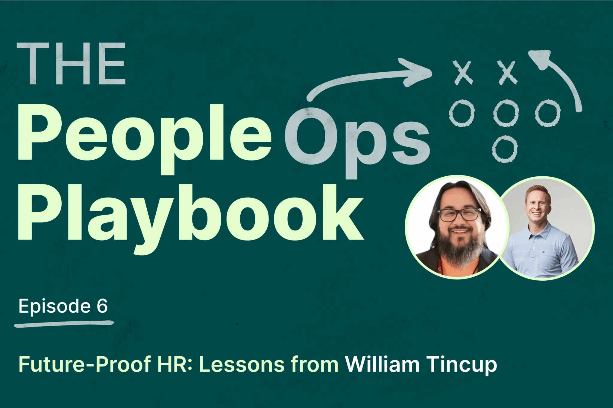 Podcast cover for The People Ops Playbook, Episode 6: “Future-Proof HR: Lessons from William Tincup.” The image shows hosts Ryan Naylor and HR tech expert William Tincup against a dark green background with playbook-style graphics. A podcast about HR innovation, people operations, and the future of work.