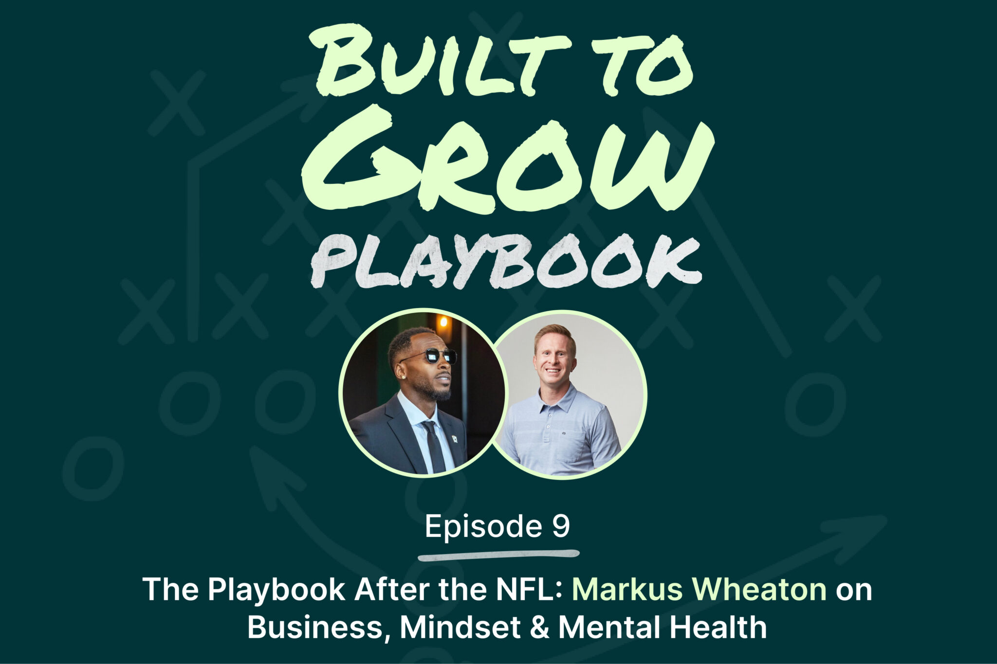 Podcast cover for “Built to Grow Playbook” Episode 9 featuring Markus Wheaton and Ryan Naylor, titled “The Playbook After the NFL: Markus Wheaton on Business, Mindset & Mental Health,” with both speakers’ headshots on a dark green background.