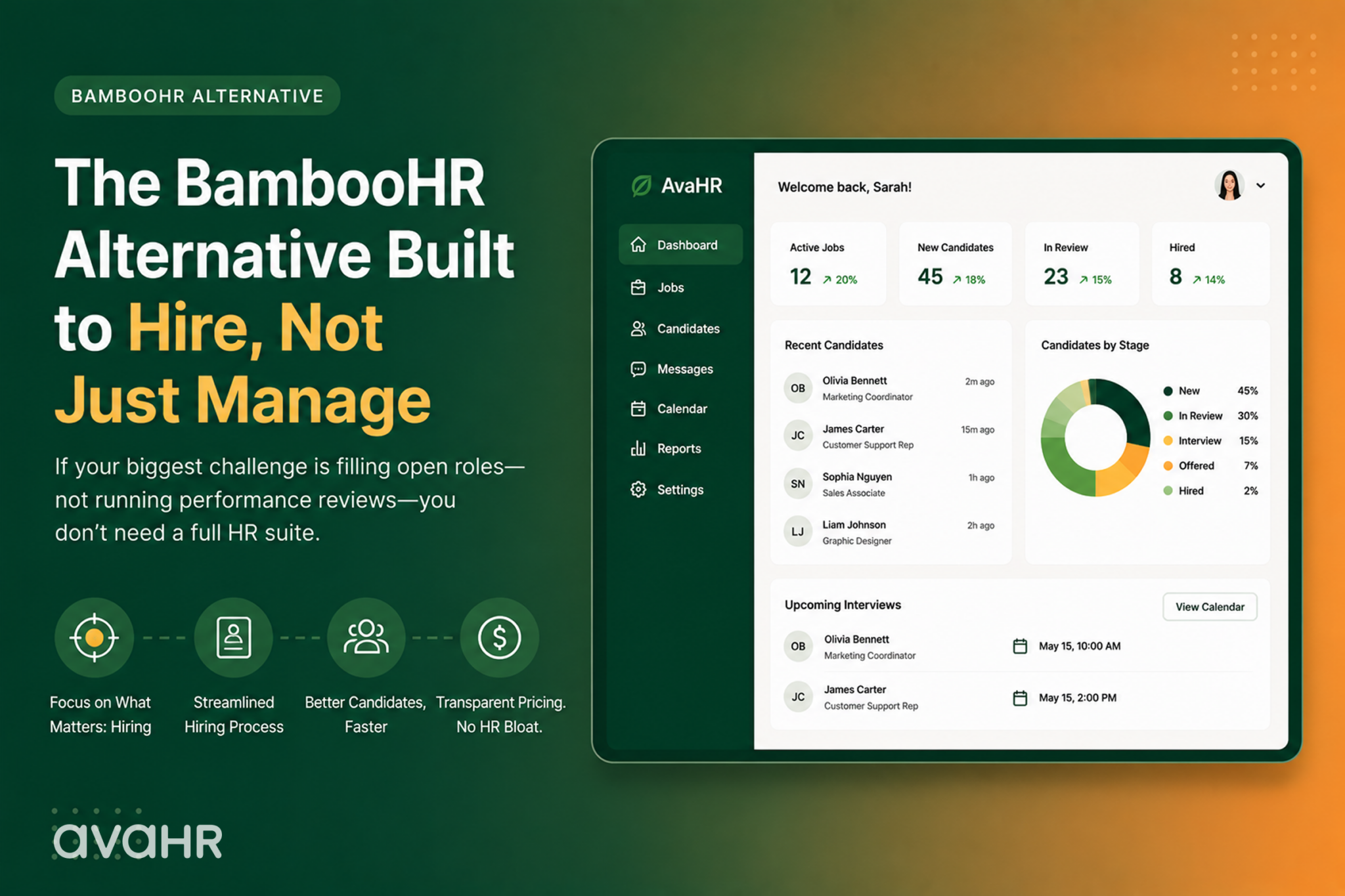 AvaHR BambooHR alternative dashboard showcasing applicant tracking, candidate management, hiring analytics, and recruiting tools designed for growing businesses.