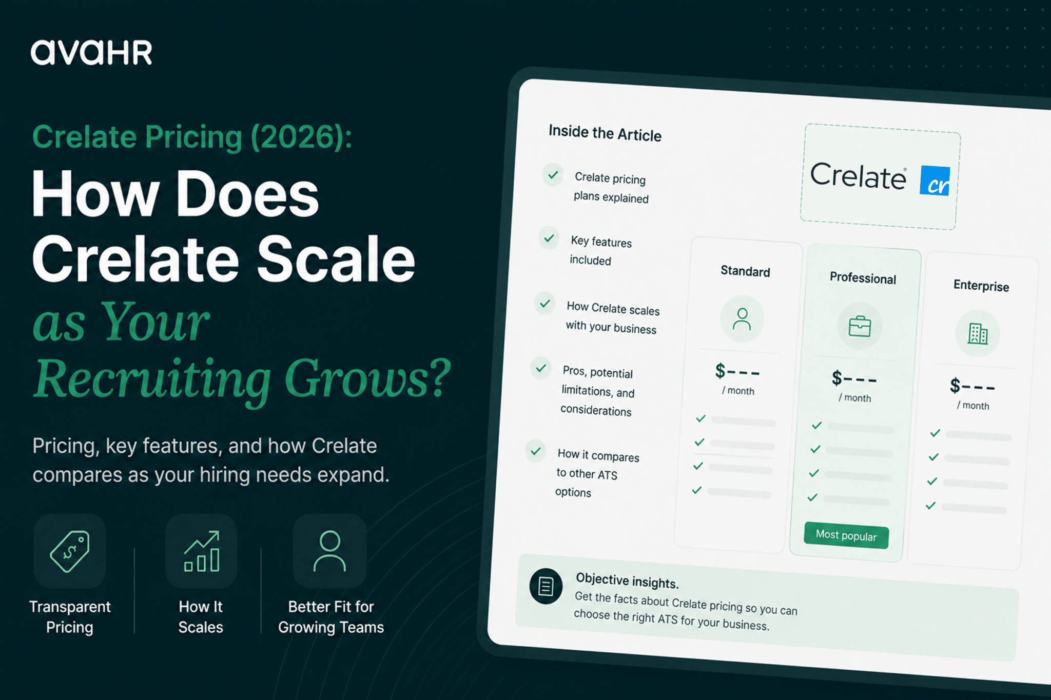 Crelate pricing comparison showing Crelate plans, pricing, key features, and how Crelate scales compared with AvaHR.