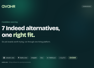 7 Indeed alternatives, one right fit — AvaHR compared against LinkedIn Jobs, ZipRecruiter, Snagajob, Dice, Wellfound, and Craigslist on a dark green gradient background.