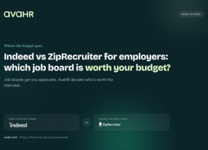 Featured image for "Indeed vs ZipRecruiter for employers: which job board is worth your budget?" showing the Indeed and ZipRecruiter logos side by side on a dark green gradient background, labeled "Free starting point" and "Proactive matching."