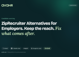AvaHR article cover reading "ZipRecruiter alternatives for employers. Keep the reach. Fix what comes after." with Indeed, LinkedIn Jobs, Snagajob, and Google for Jobs logos